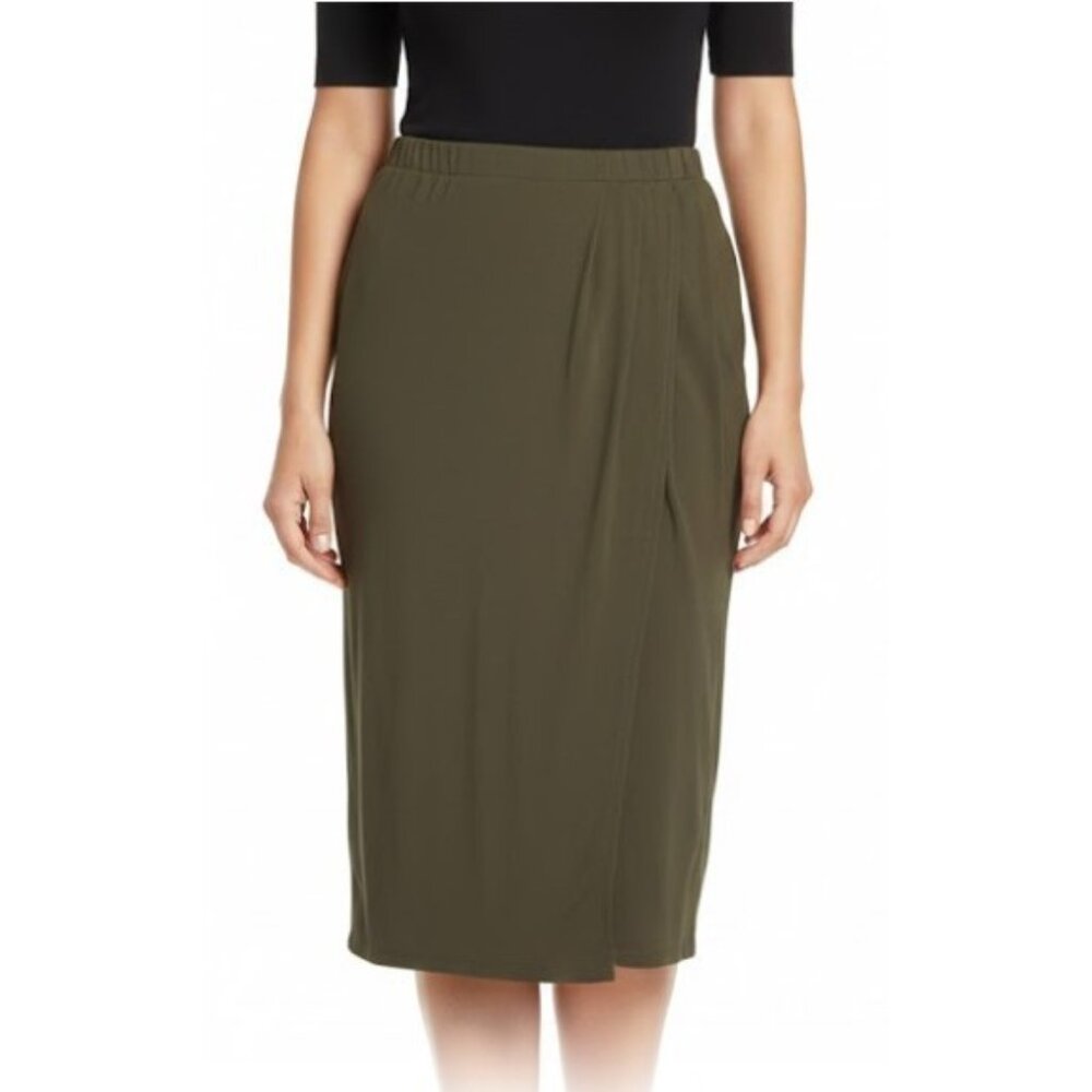Joe Fresh Olive Green Faux Wrap Maxi Skirt Size Large Rayon Spandex Stretch NWT
